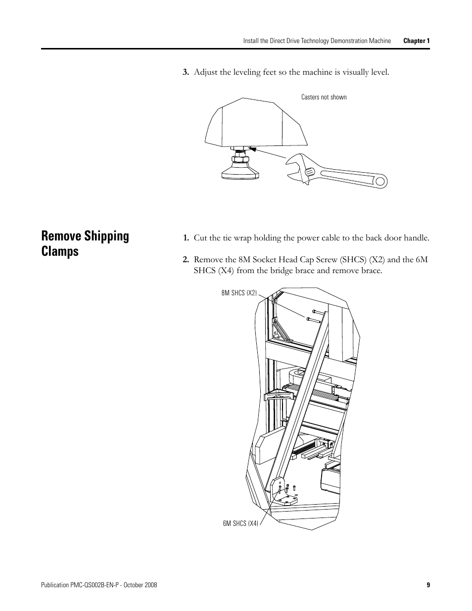 Remove shipping clamps, Remove, Shipping | Clamps | Rockwell Automation Direct Drive Technology Demonstration Machine User Manual | Page 9 / 24