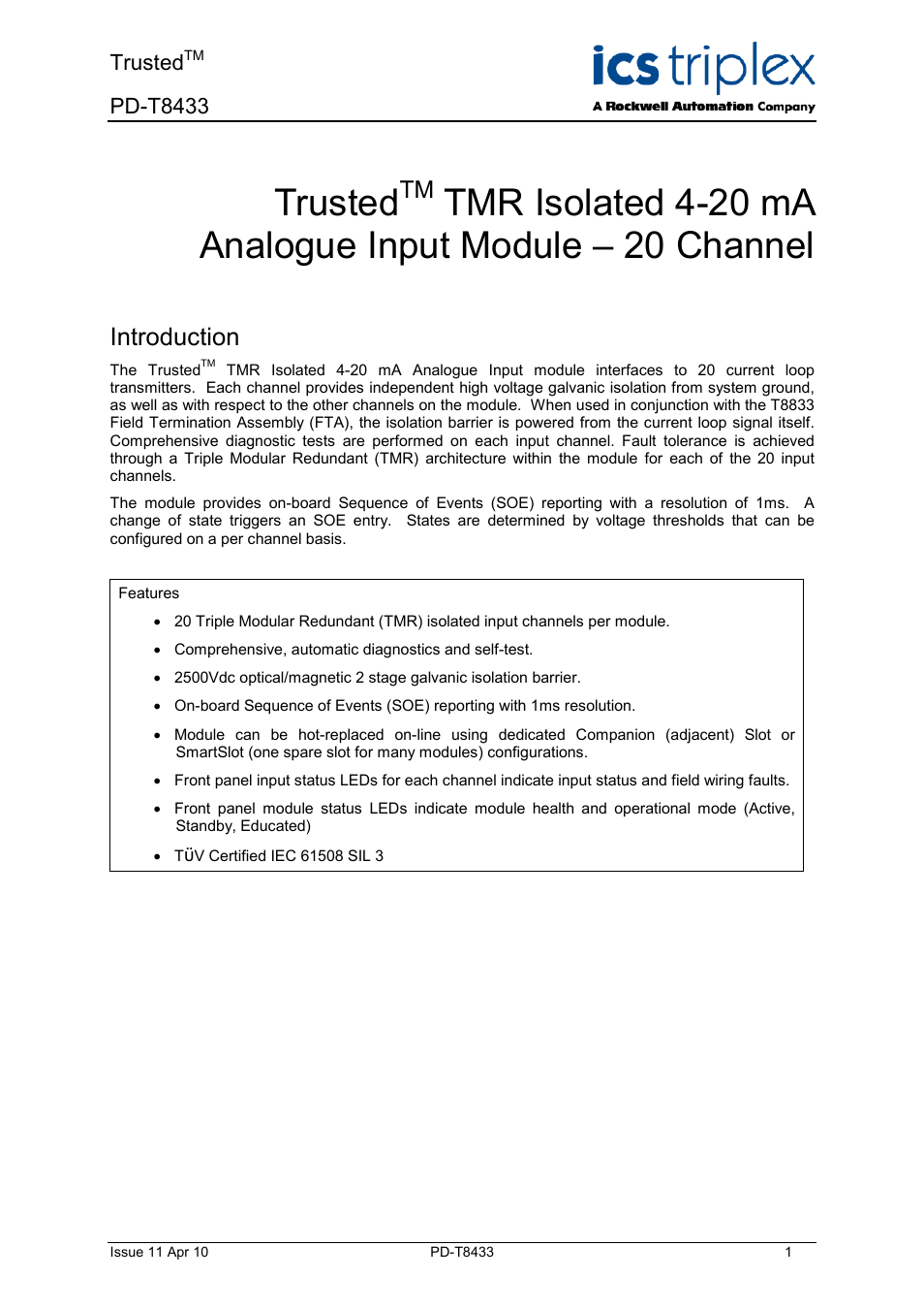 Rockwell Automation T8433 Trusted TMR Isolated 4-20 mA Analogue Input Module - 20 Channel User Manual | 35 pages