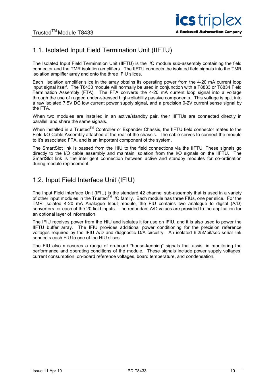 Isolated input field termination unit (iiftu), Input field interface unit (ifiu), Trusted | Module t8433 | Rockwell Automation T8433 Trusted TMR Isolated 4-20 mA Analogue Input Module - 20 Channel User Manual | Page 10 / 35