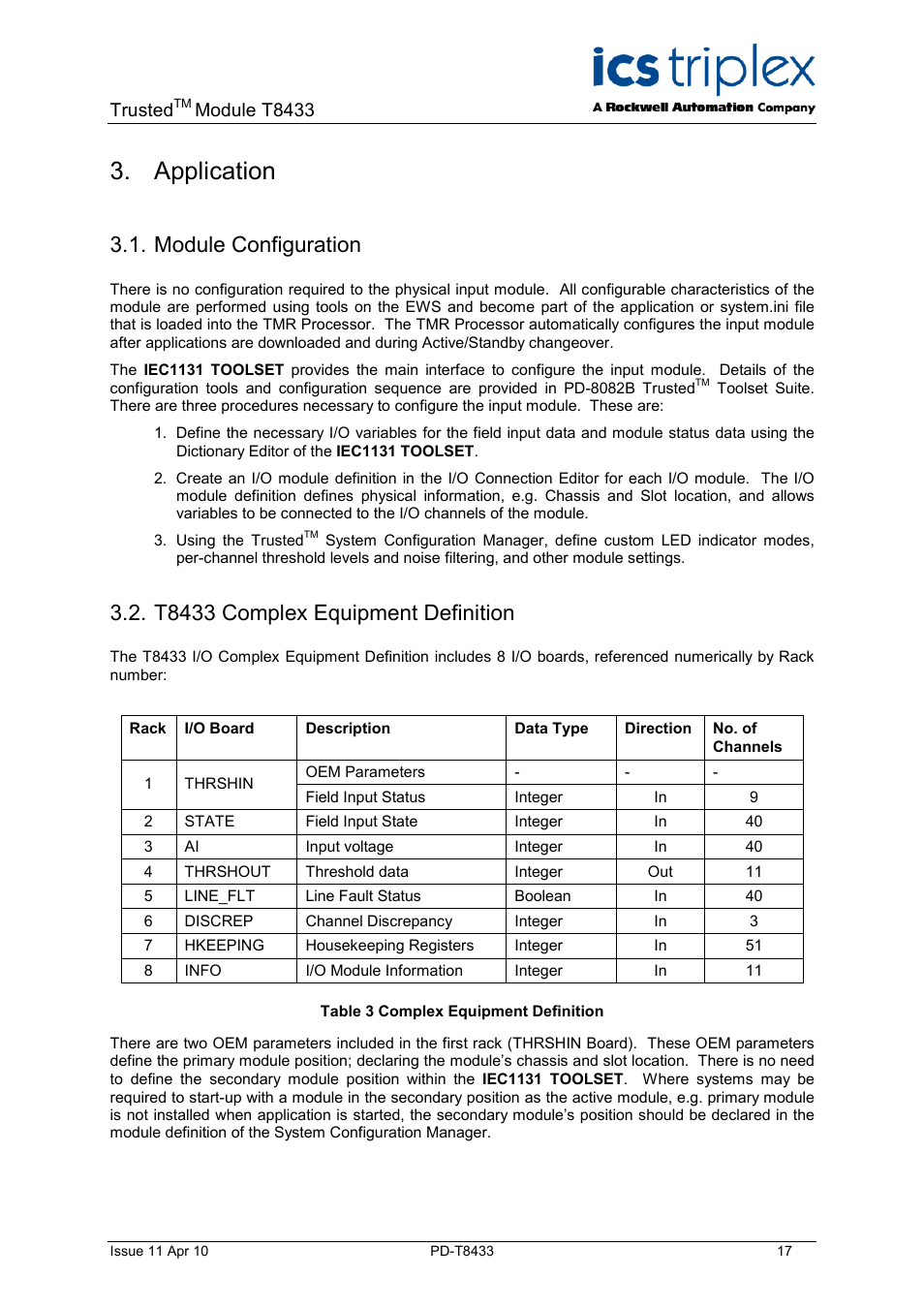 Application, Module configuration, T8433 complex equipment definition | Table 3 complex equipment definition, Trusted, Module t8433 | Rockwell Automation T8433 Trusted TMR Isolated 4-20 mA Analogue Input Module - 20 Channel User Manual | Page 17 / 35