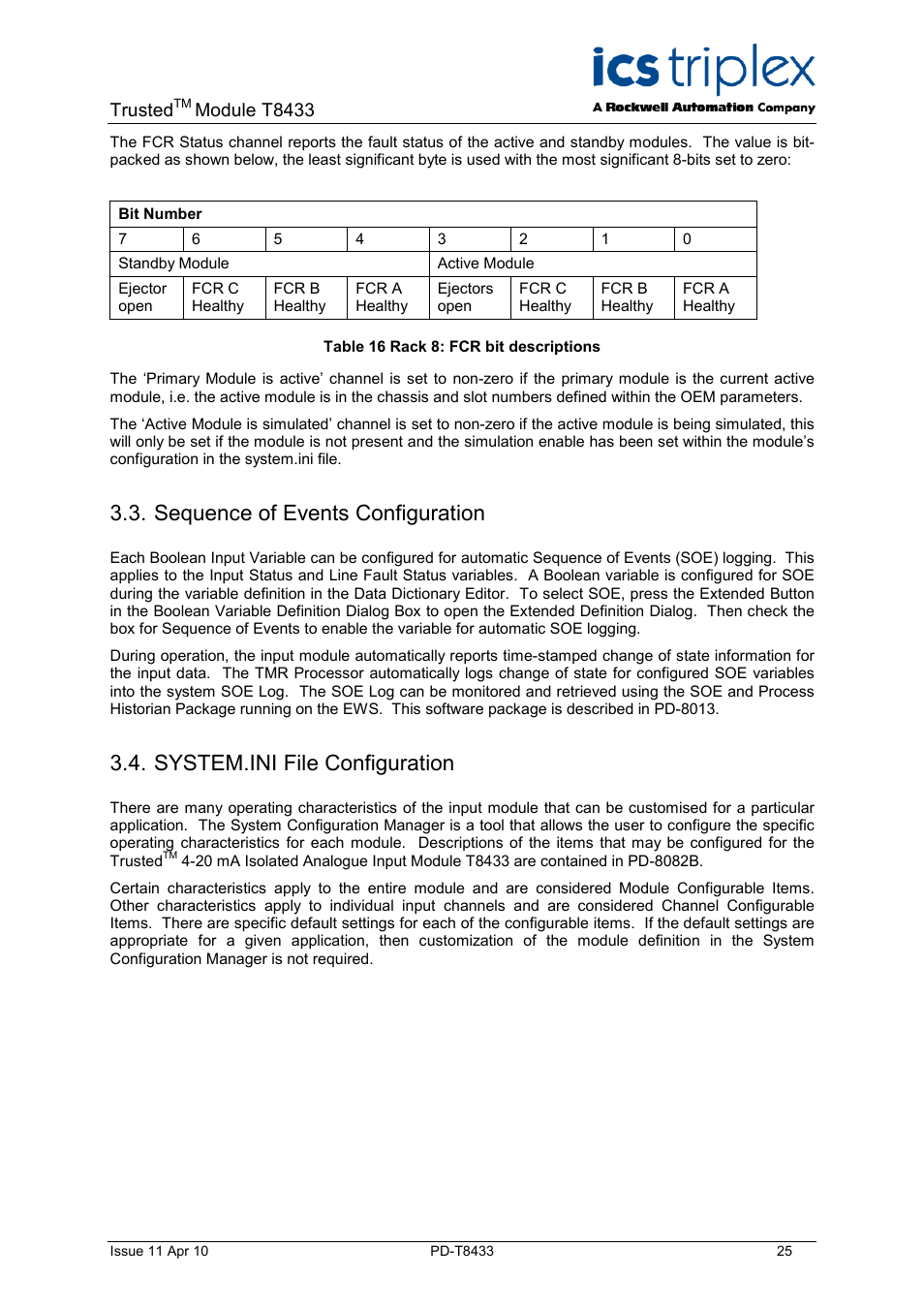 Sequence of events configuration, System.ini file configuration, Table 16 rack 8: fcr bit descriptions | Trusted, Module t8433 | Rockwell Automation T8433 Trusted TMR Isolated 4-20 mA Analogue Input Module - 20 Channel User Manual | Page 25 / 35