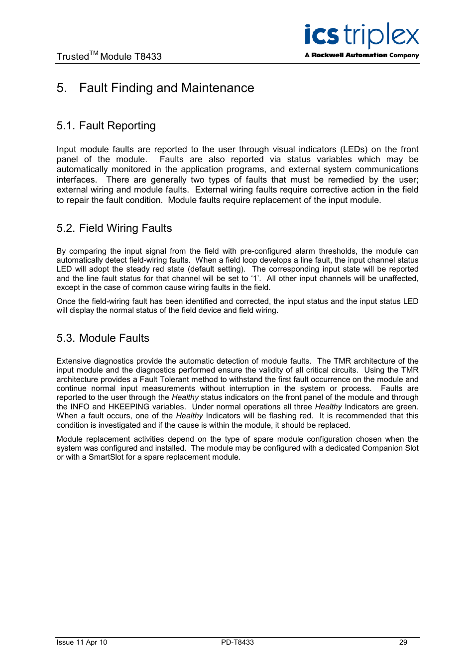 Fault finding and maintenance, Fault reporting, Field wiring faults | Module faults | Rockwell Automation T8433 Trusted TMR Isolated 4-20 mA Analogue Input Module - 20 Channel User Manual | Page 29 / 35