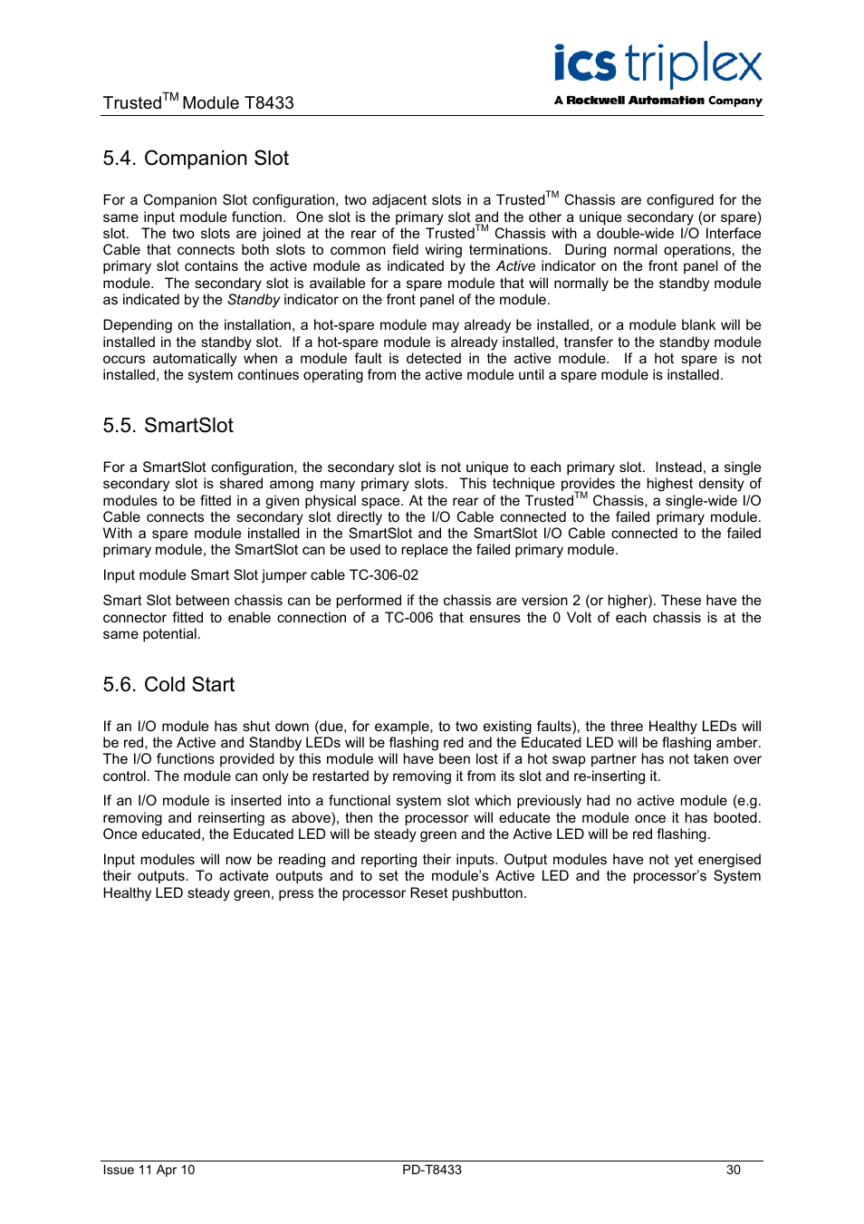 Companion slot, Smartslot, Cold start | Trusted, Module t8433 | Rockwell Automation T8433 Trusted TMR Isolated 4-20 mA Analogue Input Module - 20 Channel User Manual | Page 30 / 35
