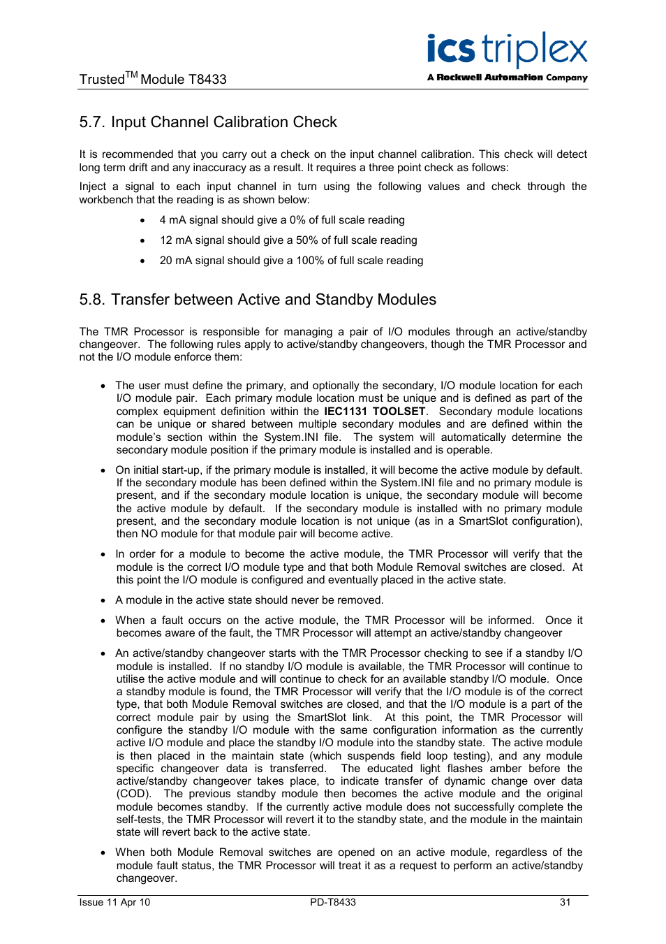 Input channel calibration check, Transfer between active and standby modules | Rockwell Automation T8433 Trusted TMR Isolated 4-20 mA Analogue Input Module - 20 Channel User Manual | Page 31 / 35