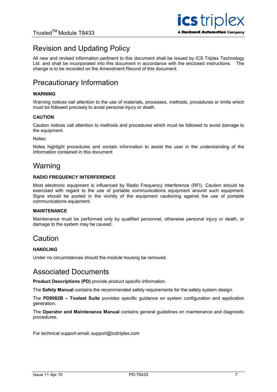 Description, Revision and updating policy, Precautionary information | Warning, Caution, Associated documents | Rockwell Automation T8433 Trusted TMR Isolated 4-20 mA Analogue Input Module - 20 Channel User Manual | Page 7 / 35