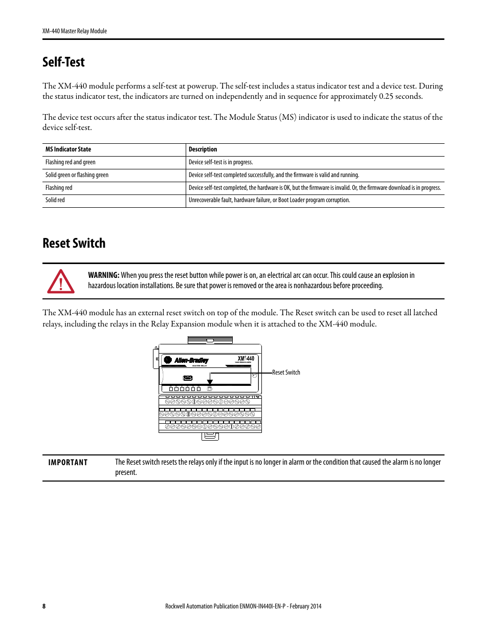 Self-test, Reset switch | Rockwell Automation 1440-RMA00-04RC XM-440 Master Relay Module User Manual | Page 8 / 12