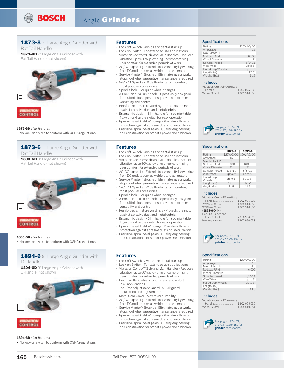 Grinders, Angle, Features | 7" large angle grinder with rat tail handle, 9" large angle grinder with d-handle | Bosch 1810PS User Manual | Page 10 / 34