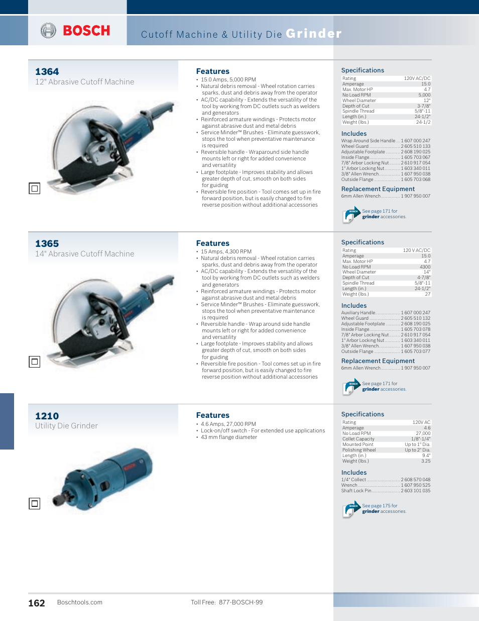 Grinder, Cutoff machine & utility die, Features | 12" abrasive cutoff machine, 14" abrasive cutoff machine, Utility die grinder | Bosch 1810PS User Manual | Page 12 / 34