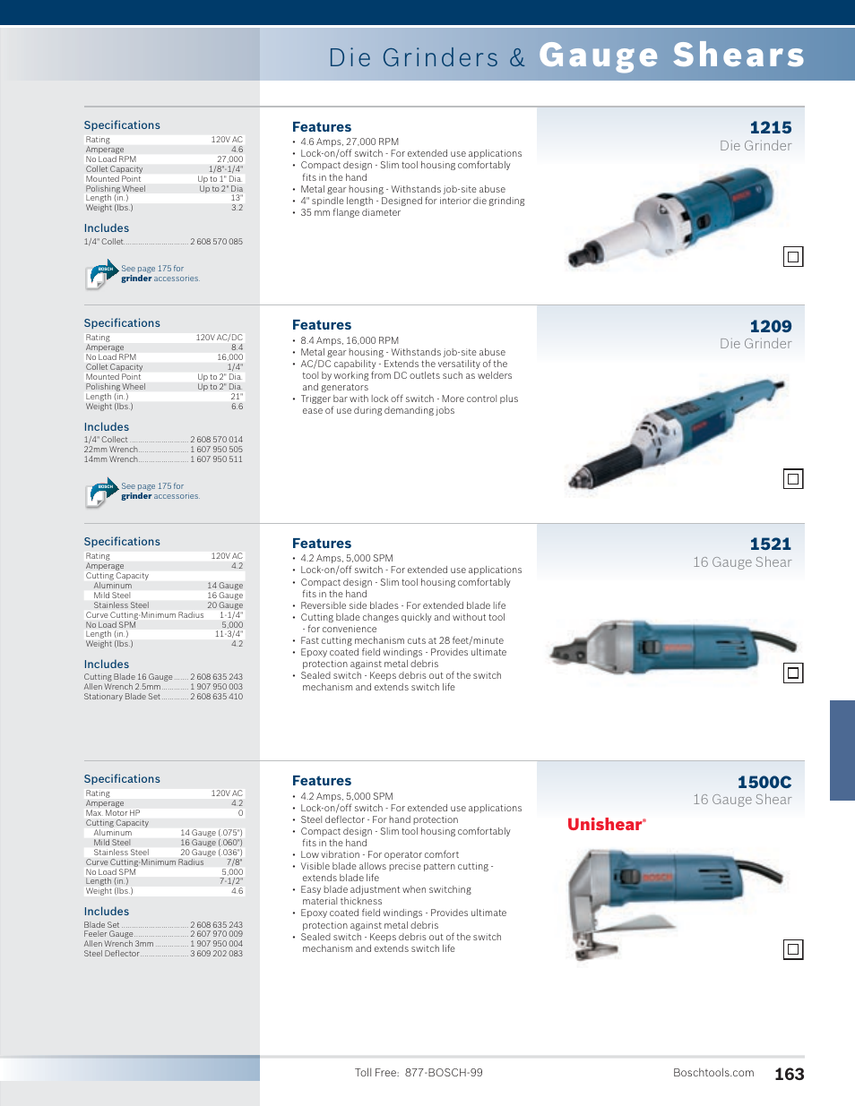 Gauge shears, Die grinders, 1500c | Unishear, Features, Die grinder, 16 gauge shear | Bosch 1810PS User Manual | Page 13 / 34