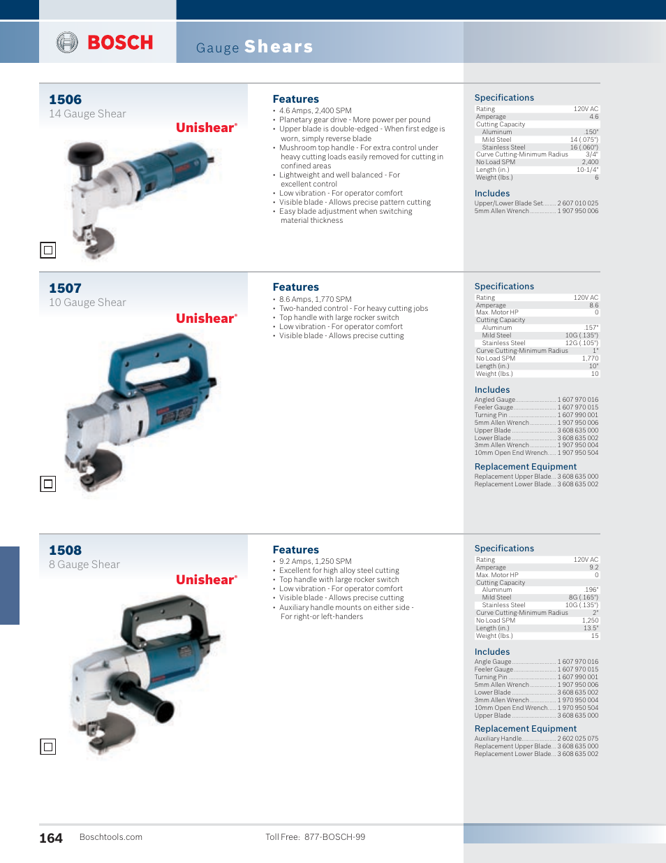 Shears, Gauge, Unishear | Features, 14 gauge shear, 10 gauge shear, 8 gauge shear | Bosch 1810PS User Manual | Page 14 / 34