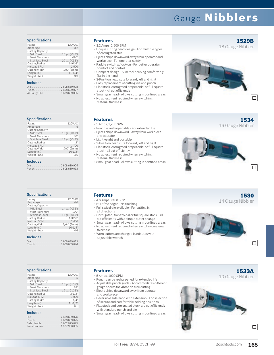 Nibblers, Gauge, 1529b | 1533a, Features, 18 gauge nibbler, 16 gauge nibbler, 14 gauge nibbler, 10 gauge nibbler | Bosch 1810PS User Manual | Page 15 / 34