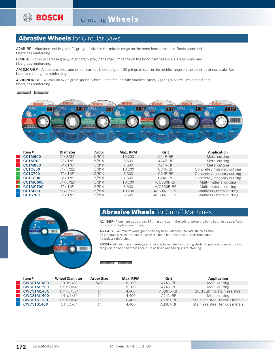 Wheels, Abrasive wheels for circular saws, Abrasive wheels for cutoff machines | Grinding | Bosch 1810PS User Manual | Page 22 / 34