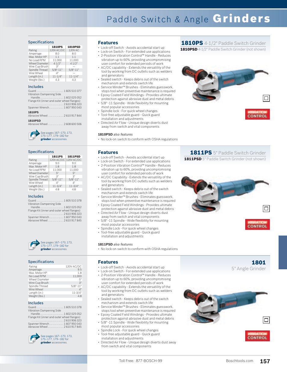 Grinders, Paddle switch & angle, 1810ps | 1811ps, 1/2" paddle switch grinder, Features, 5" paddle switch grinder, 5" angle grinder | Bosch 1810PS User Manual | Page 7 / 34