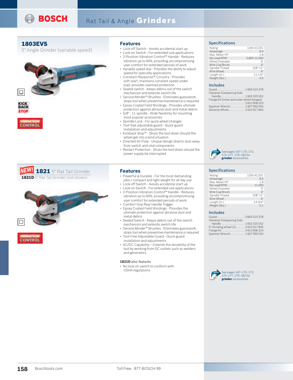 Grinders, Rat tail & angle, 1803evs | Features, 5" angle grinder (variable speed), 5" rat tail grinder | Bosch 1810PS User Manual | Page 8 / 34