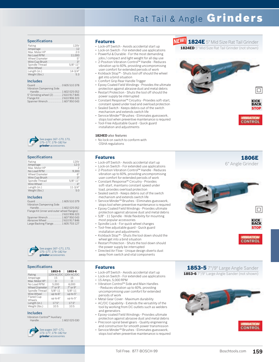 Grinders, Rat tail & angle, 1824e | 1806e, Features, 5" mid size rat tail grinder, 6" angle grinder, 7"/9" large angle sander | Bosch 1810PS User Manual | Page 9 / 34