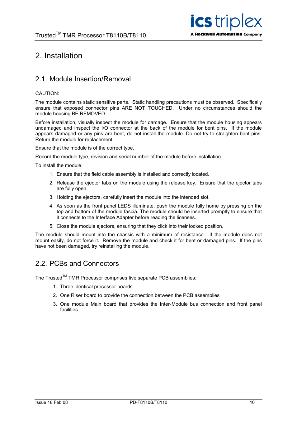 Installation, Module insertion/removal, Pcbs and connectors | Rockwell Automation T8110B/T8110 Trusted TMR Processor User Manual | Page 10 / 38