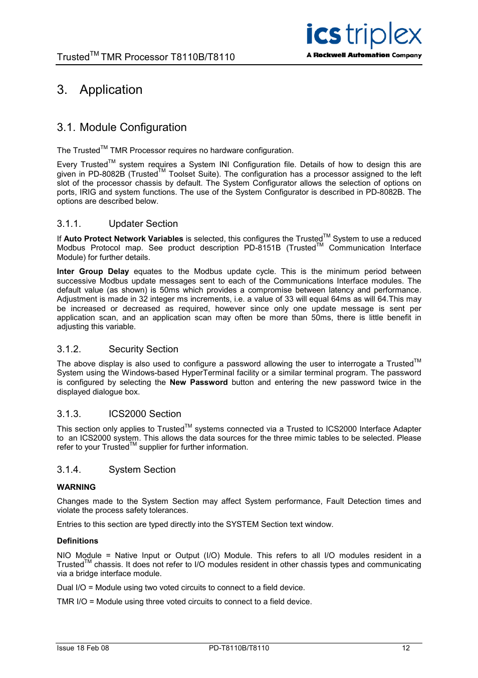 Application, Module configuration, Updater section | Security section, Ics2000 section, System section, Trusted | Rockwell Automation T8110B/T8110 Trusted TMR Processor User Manual | Page 12 / 38