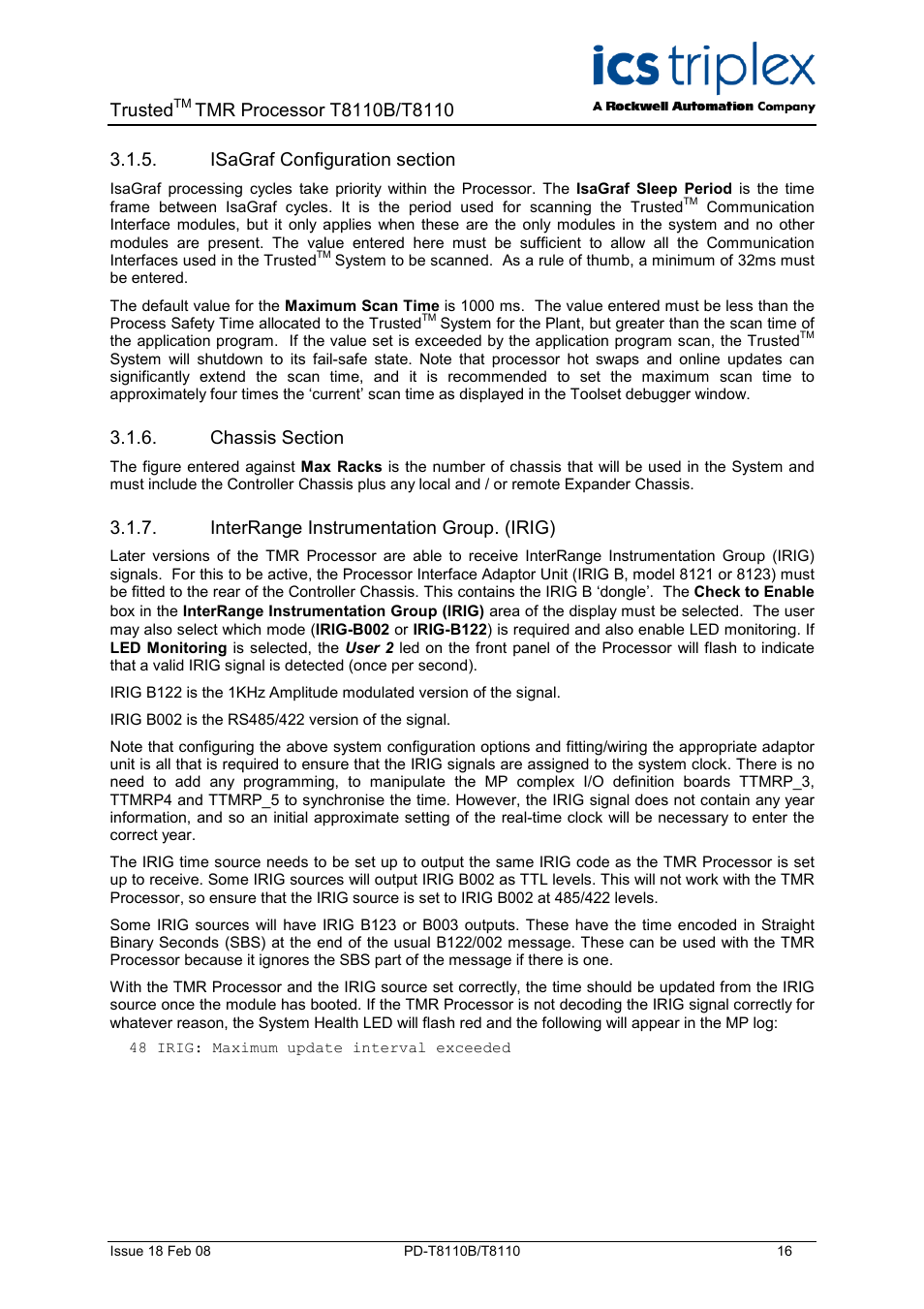 Isagraf configuration section, Chassis section, Interrange instrumentation group. (irig) | Trusted | Rockwell Automation T8110B/T8110 Trusted TMR Processor User Manual | Page 16 / 38