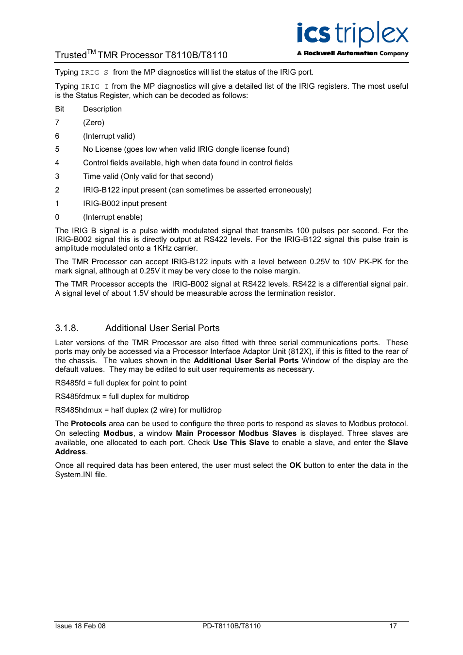 Additional user serial ports, Trusted | Rockwell Automation T8110B/T8110 Trusted TMR Processor User Manual | Page 17 / 38