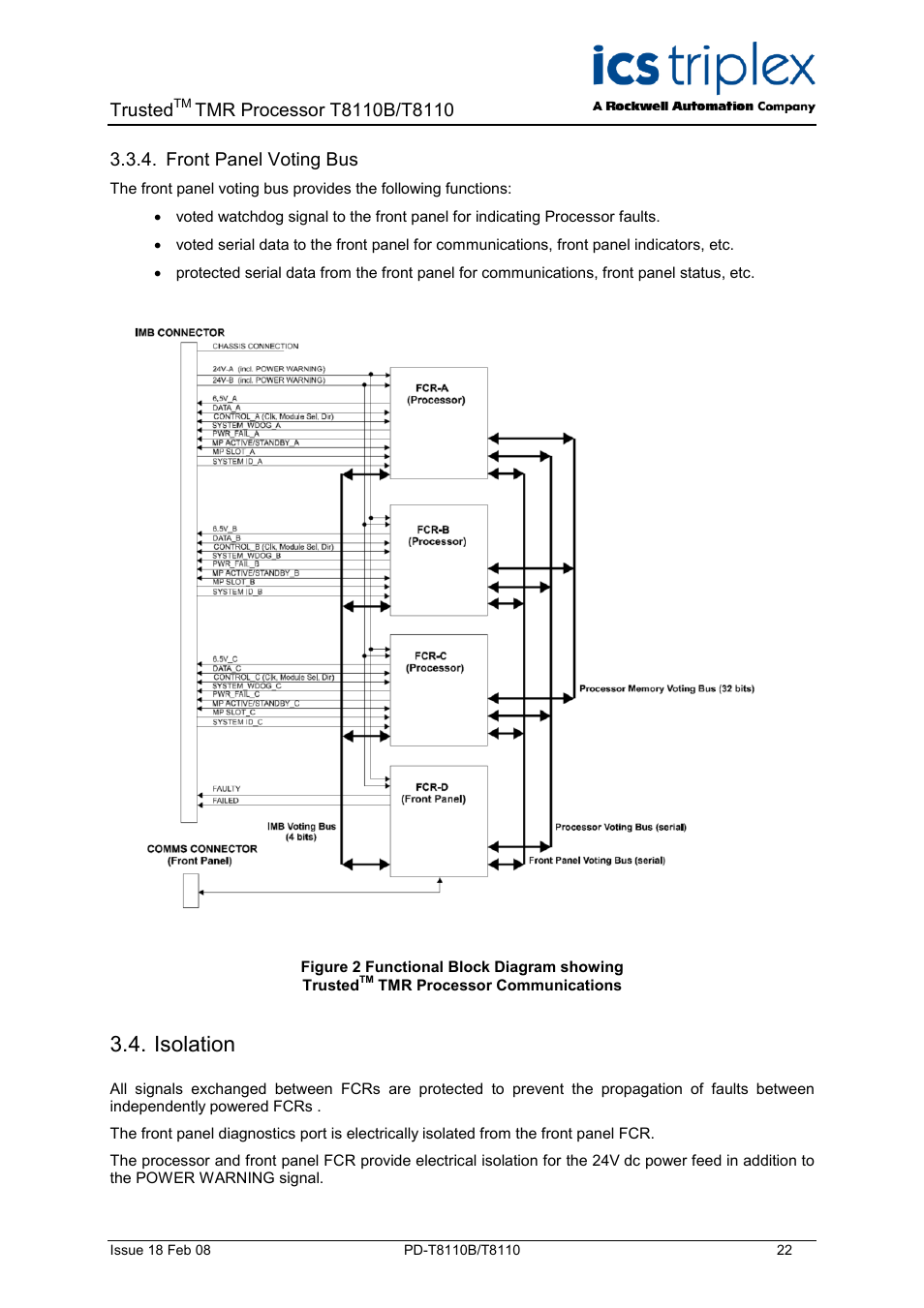 Front panel voting bus, Isolation, Figure 2 functional block diagram showing trusted | Tmr processor communications, Trusted | Rockwell Automation T8110B/T8110 Trusted TMR Processor User Manual | Page 22 / 38