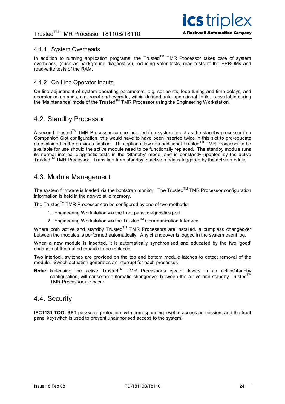 System overheads, On-line operator inputs, Standby processor | Module management, Security, Trusted | Rockwell Automation T8110B/T8110 Trusted TMR Processor User Manual | Page 24 / 38