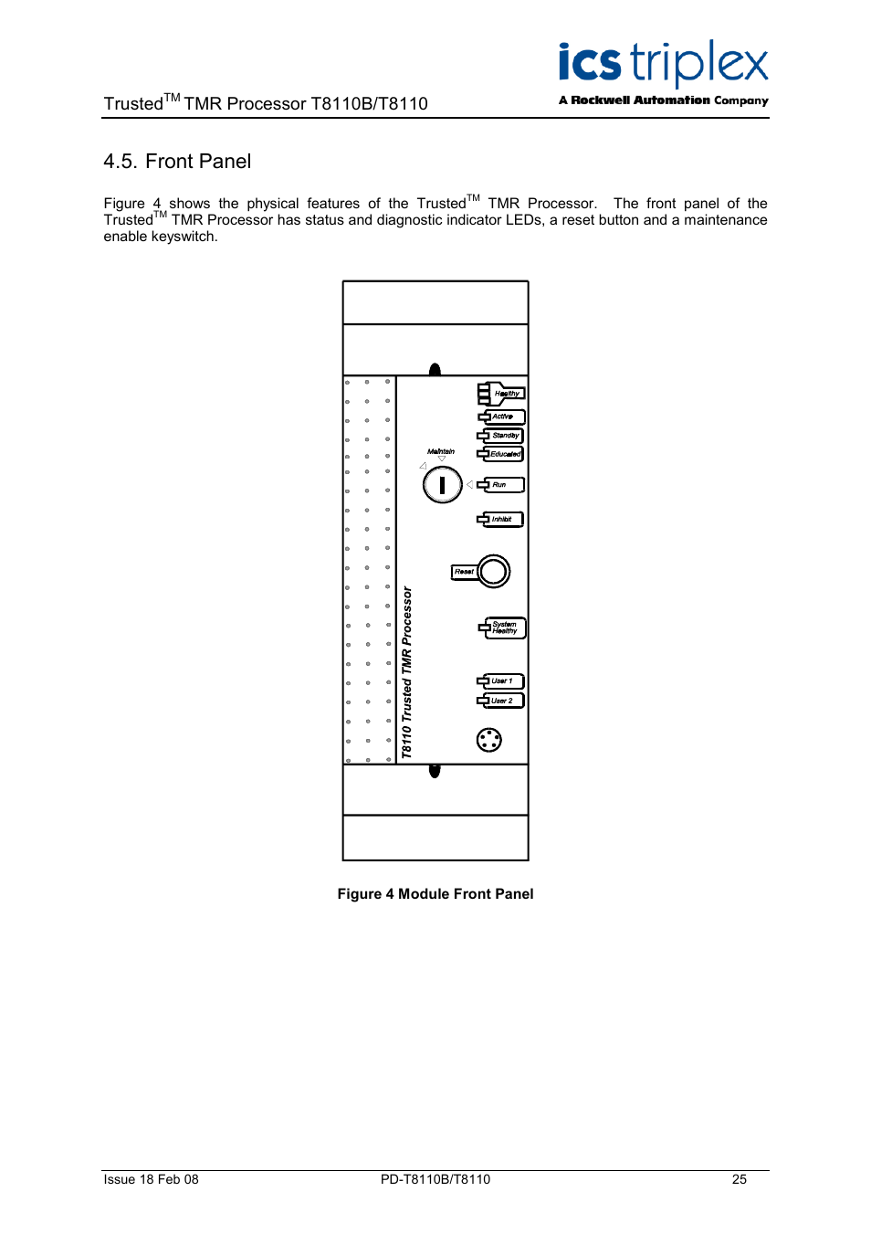 Front panel, Figure 4 module front panel, Trusted | Rockwell Automation T8110B/T8110 Trusted TMR Processor User Manual | Page 25 / 38