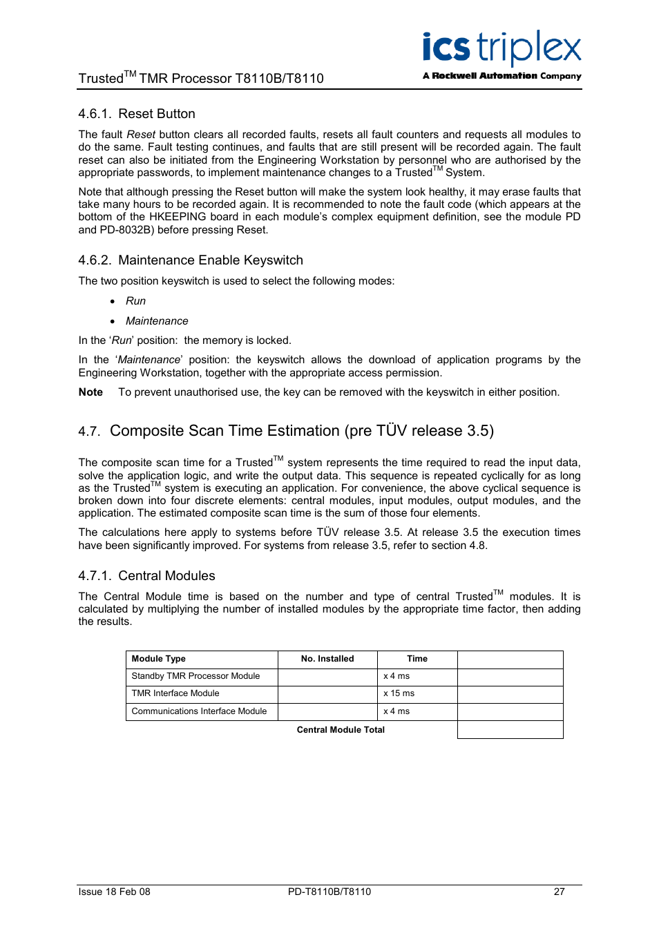 Reset button, Maintenance enable keyswitch, Central modules | Trusted | Rockwell Automation T8110B/T8110 Trusted TMR Processor User Manual | Page 27 / 38
