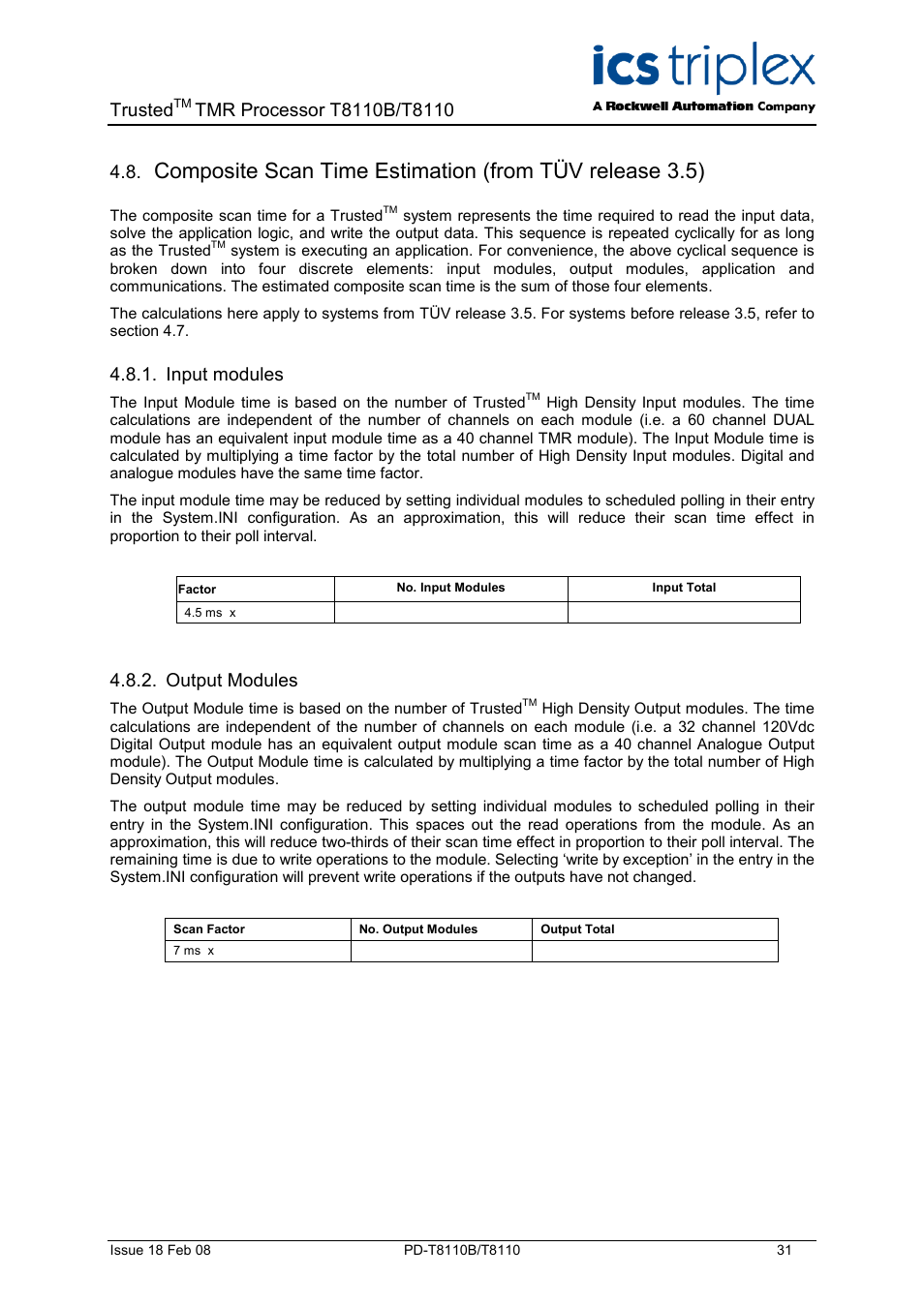 Input modules, Output modules, Trusted | Rockwell Automation T8110B/T8110 Trusted TMR Processor User Manual | Page 31 / 38