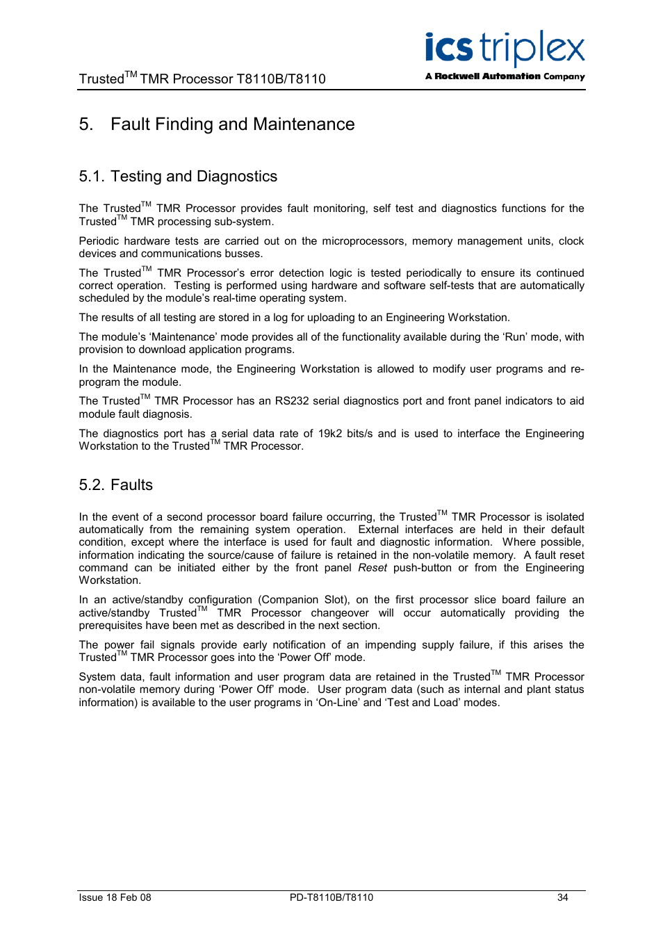 Fault finding and maintenance, Testing and diagnostics, Faults | Trusted | Rockwell Automation T8110B/T8110 Trusted TMR Processor User Manual | Page 34 / 38
