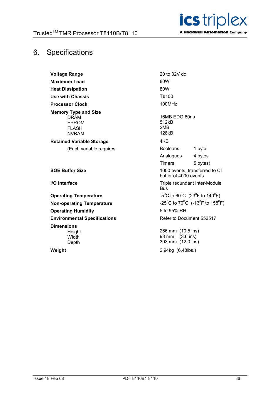 Specifications, Trusted | Rockwell Automation T8110B/T8110 Trusted TMR Processor User Manual | Page 36 / 38