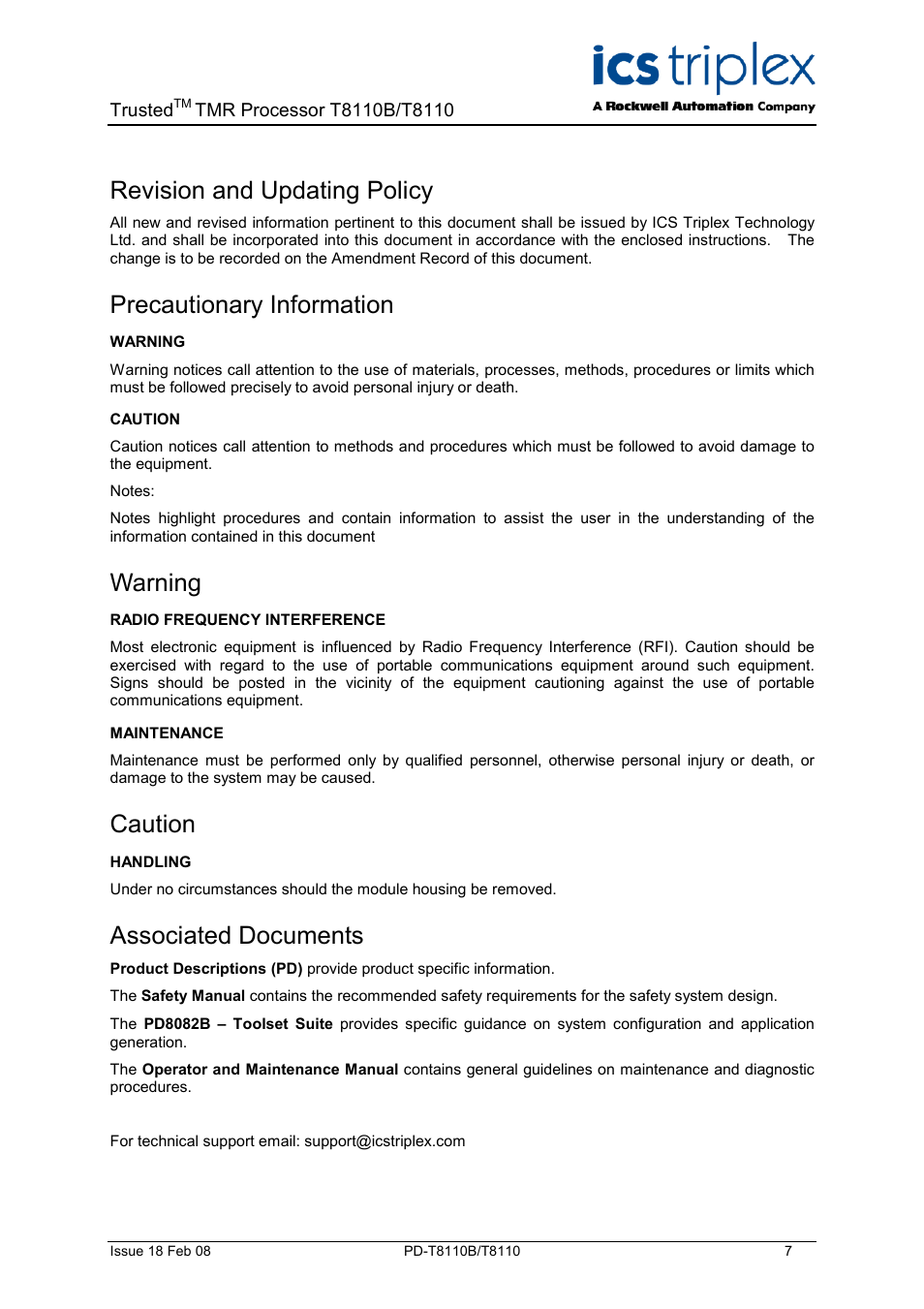 Description, Revision and updating policy, Precautionary information | Warning, Caution, Associated documents | Rockwell Automation T8110B/T8110 Trusted TMR Processor User Manual | Page 7 / 38