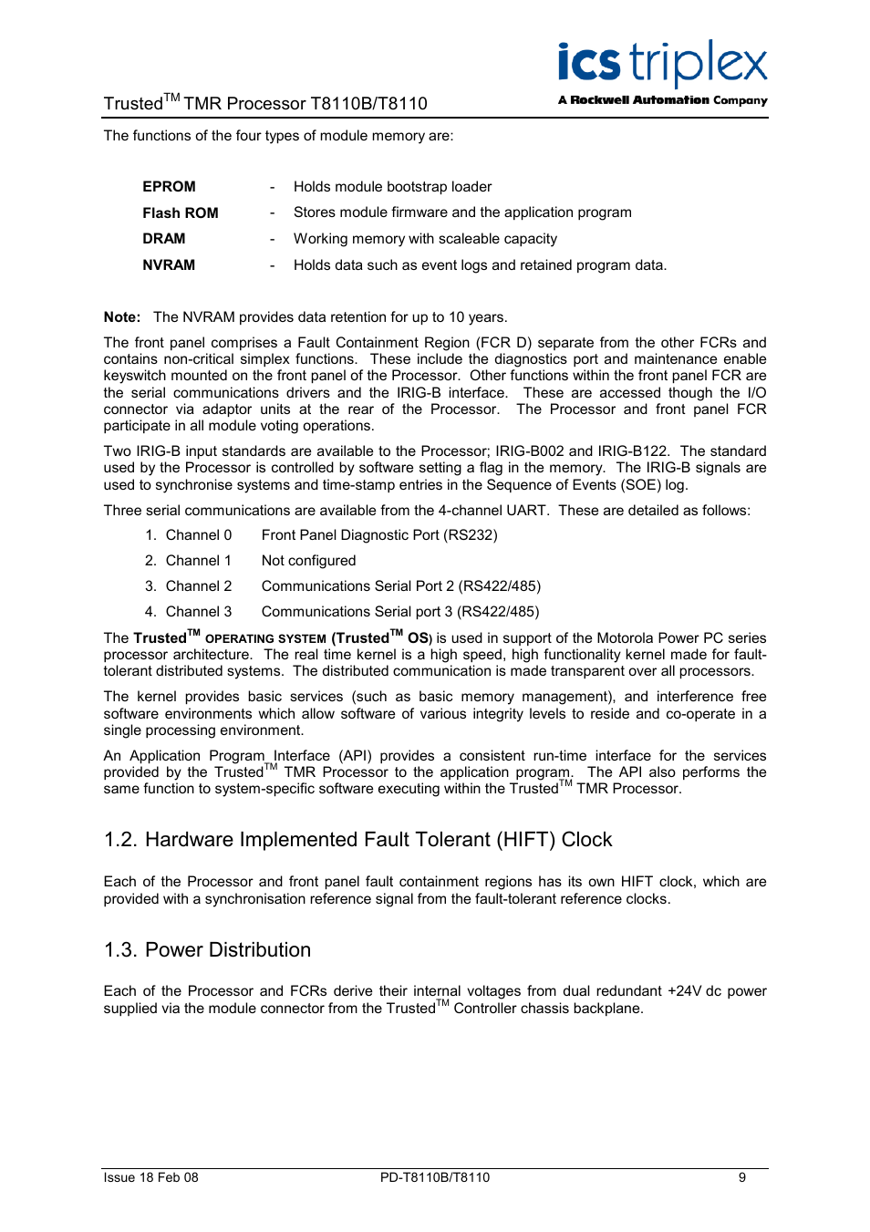 Hardware implemented fault tolerant (hift) clock, Power distribution, Trusted | Rockwell Automation T8110B/T8110 Trusted TMR Processor User Manual | Page 9 / 38