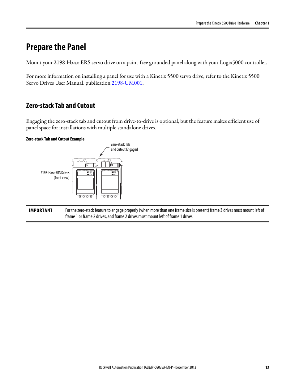 Prepare the panel, Zero-stack tab and cutout | Rockwell Automation Logix5000 Control Systems: Connect Kinetix 5500 Drives on EtherNet/IP Network Quick Start User Manual | Page 13 / 48