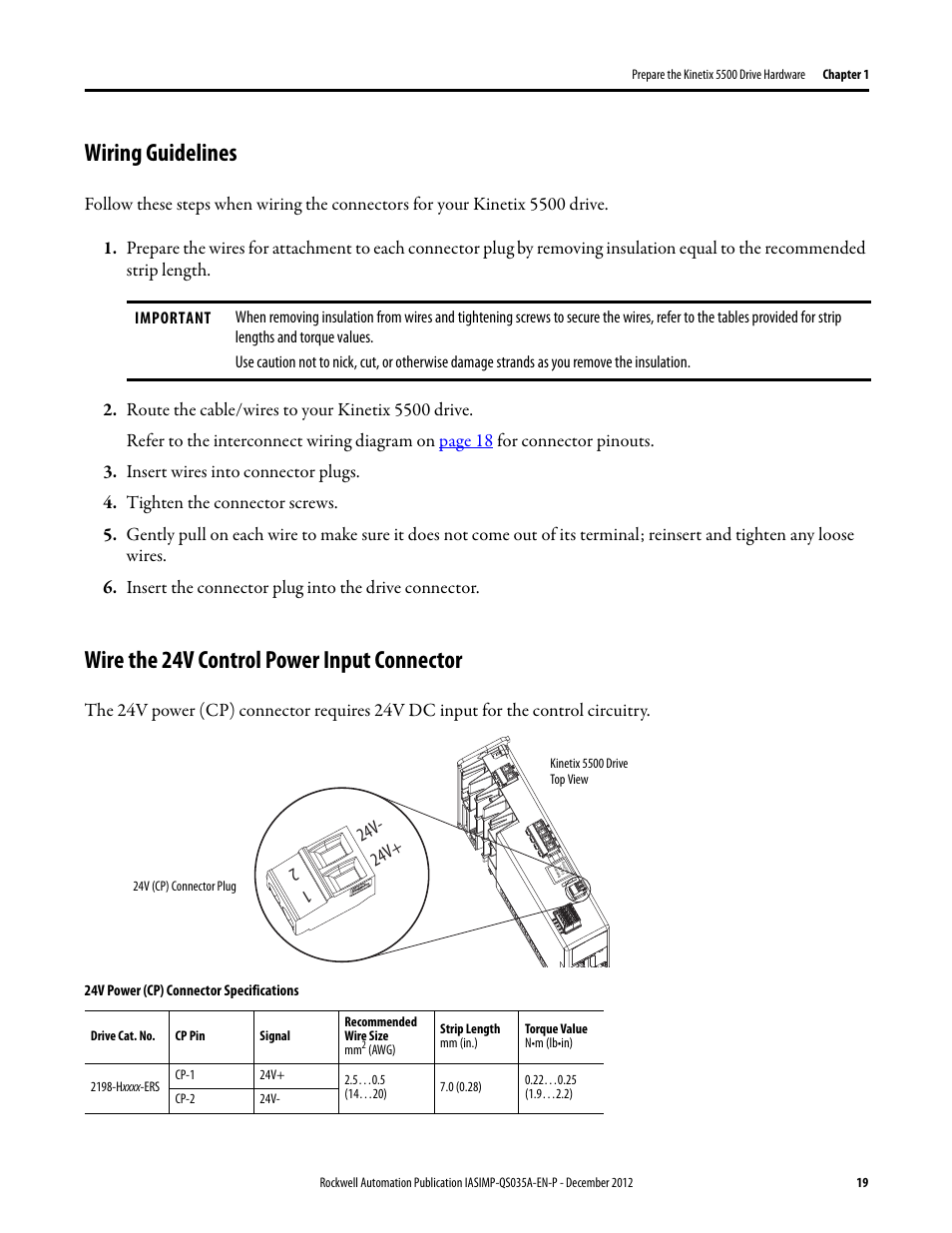 Wiring guidelines, Wire the 24v control power input connector | Rockwell Automation Logix5000 Control Systems: Connect Kinetix 5500 Drives on EtherNet/IP Network Quick Start User Manual | Page 19 / 48