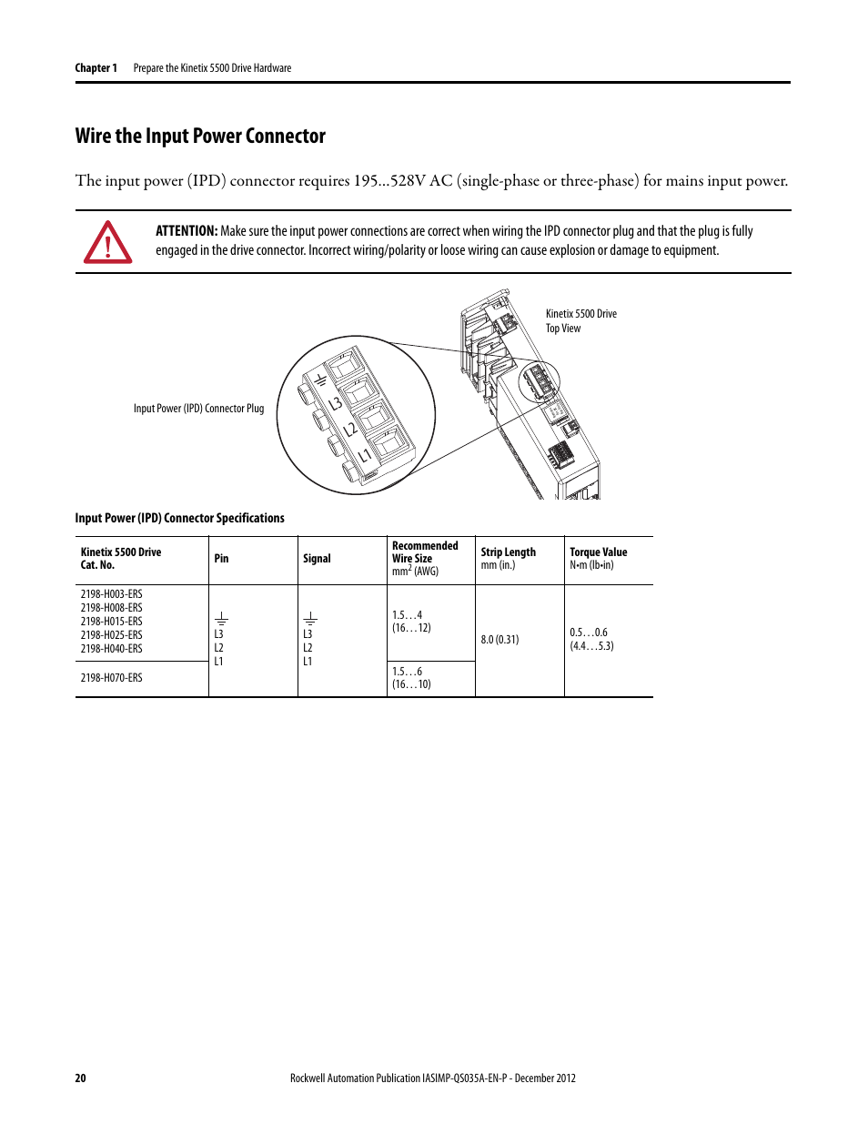 Wire the input power connector, L3 l2 l1 | Rockwell Automation Logix5000 Control Systems: Connect Kinetix 5500 Drives on EtherNet/IP Network Quick Start User Manual | Page 20 / 48