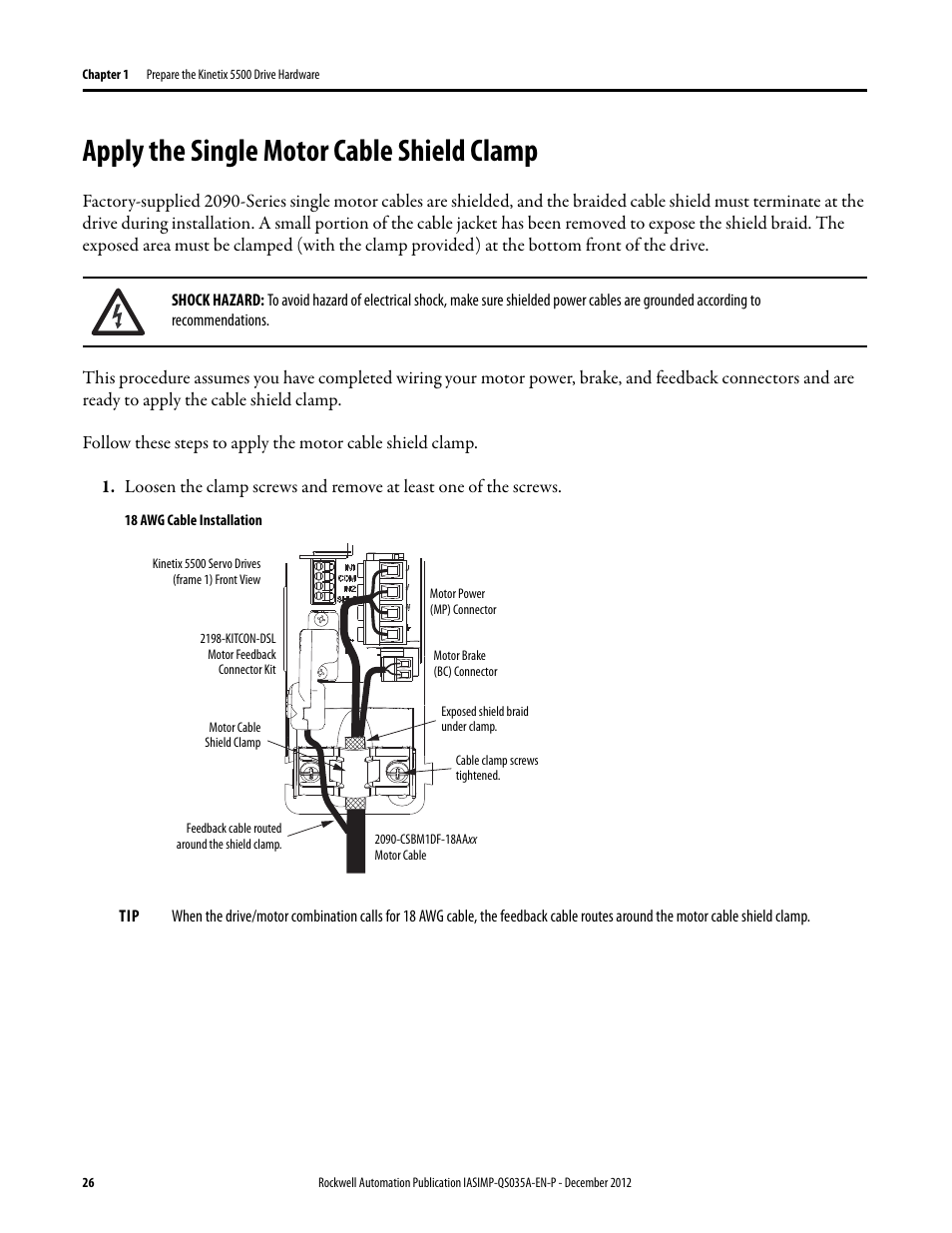 Apply the single motor cable shield clamp, Apply the single motor, Cable shield clamp | Rockwell Automation Logix5000 Control Systems: Connect Kinetix 5500 Drives on EtherNet/IP Network Quick Start User Manual | Page 26 / 48