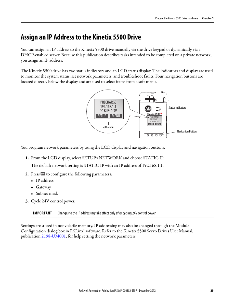 Assign an ip address to the kinetix 5500 drive, Assign an ip address to, The kinetix 5500 drive | Rockwell Automation Logix5000 Control Systems: Connect Kinetix 5500 Drives on EtherNet/IP Network Quick Start User Manual | Page 29 / 48