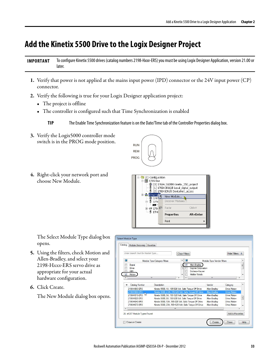 Add the kinetix 5500, Drive to the logix, Designer project | Rockwell Automation Logix5000 Control Systems: Connect Kinetix 5500 Drives on EtherNet/IP Network Quick Start User Manual | Page 33 / 48