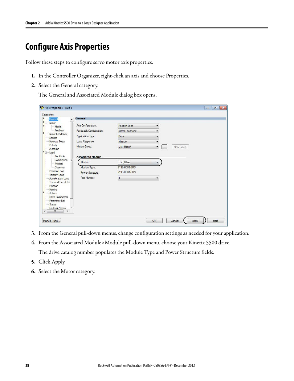 Configure axis properties, Configure axis, Properties | Rockwell Automation Logix5000 Control Systems: Connect Kinetix 5500 Drives on EtherNet/IP Network Quick Start User Manual | Page 38 / 48