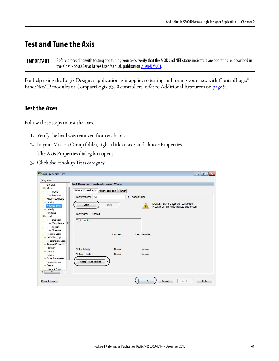 Test and tune the axis, Test the axes | Rockwell Automation Logix5000 Control Systems: Connect Kinetix 5500 Drives on EtherNet/IP Network Quick Start User Manual | Page 41 / 48