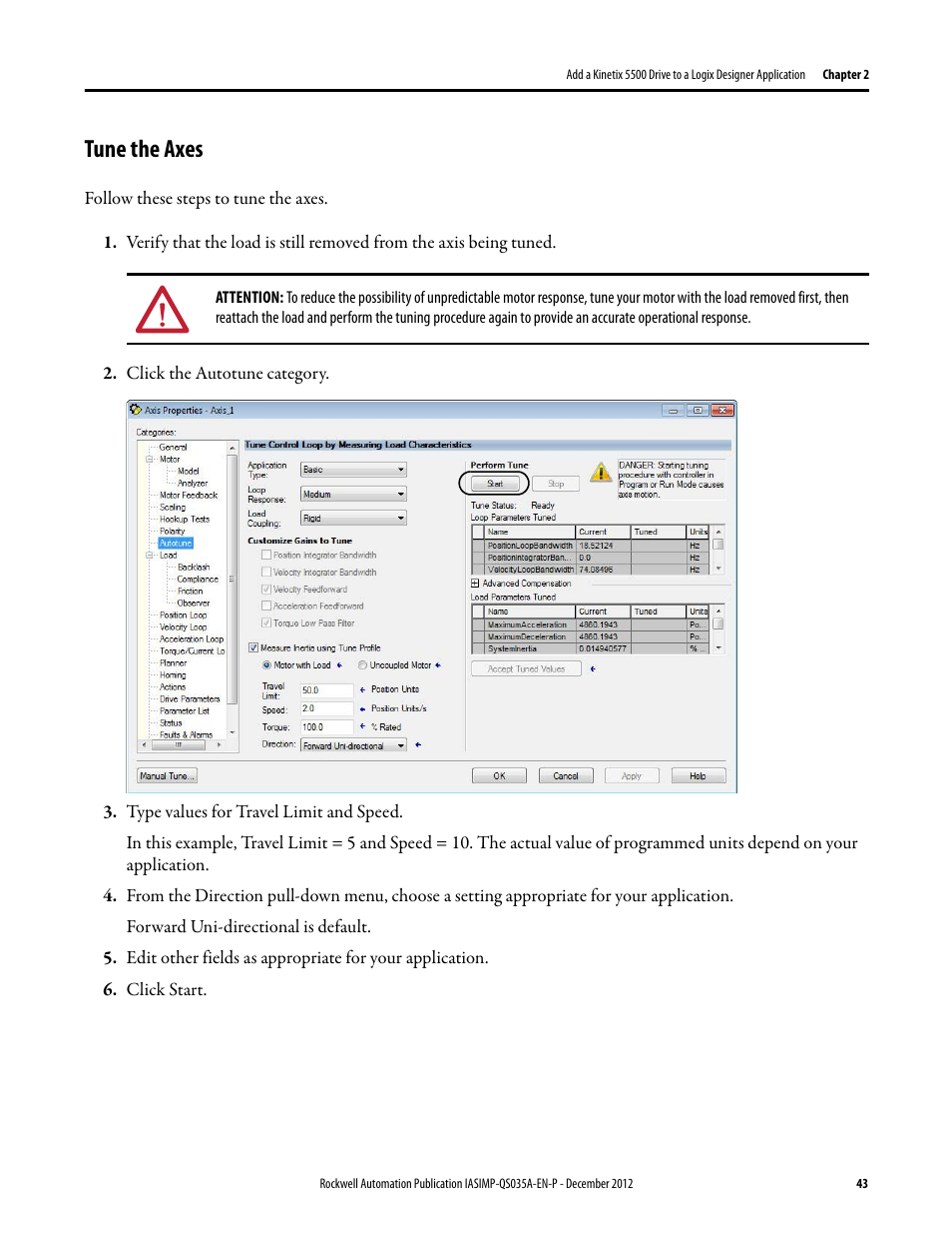 Tune the axes | Rockwell Automation Logix5000 Control Systems: Connect Kinetix 5500 Drives on EtherNet/IP Network Quick Start User Manual | Page 43 / 48