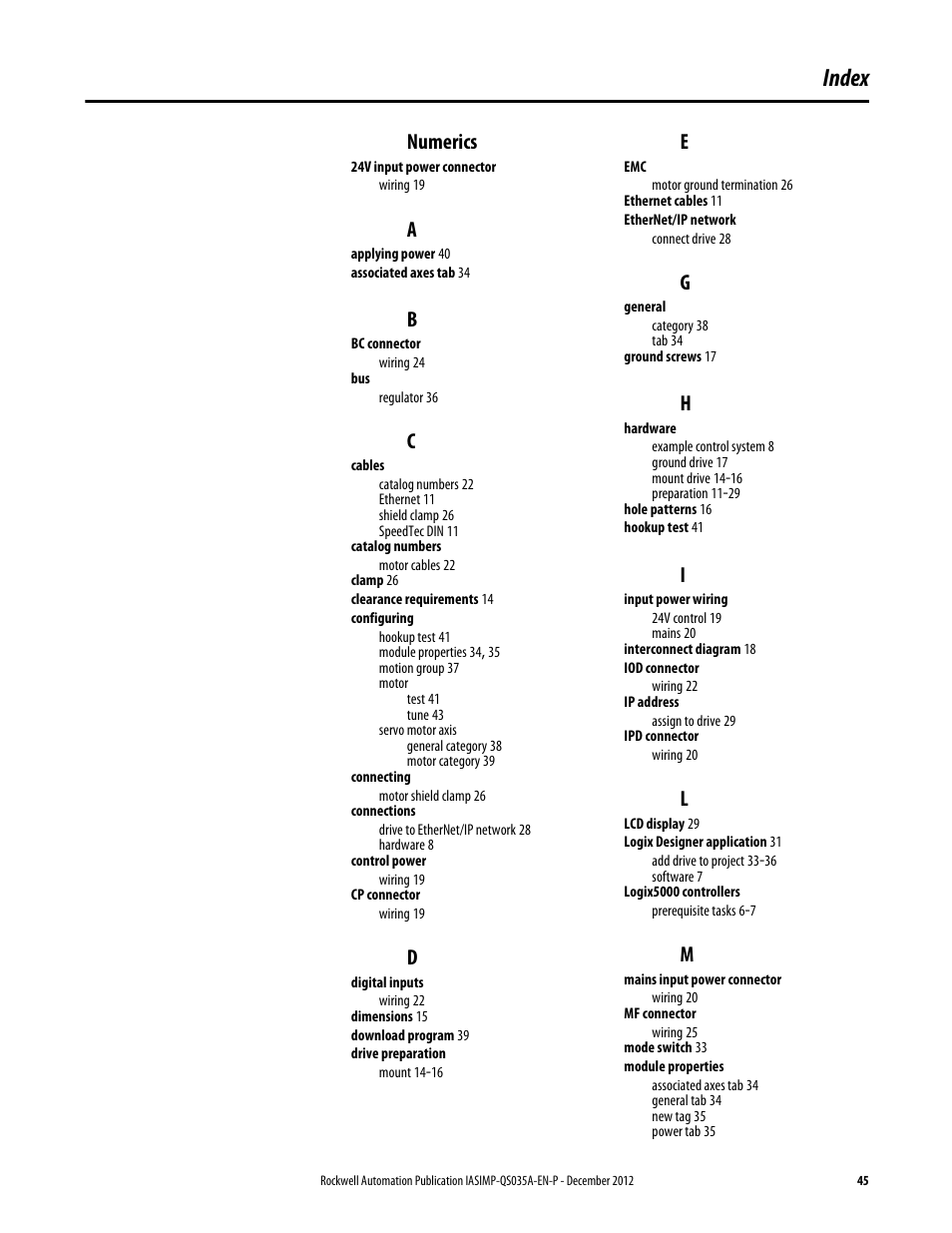 Index, Numerics | Rockwell Automation Logix5000 Control Systems: Connect Kinetix 5500 Drives on EtherNet/IP Network Quick Start User Manual | Page 45 / 48