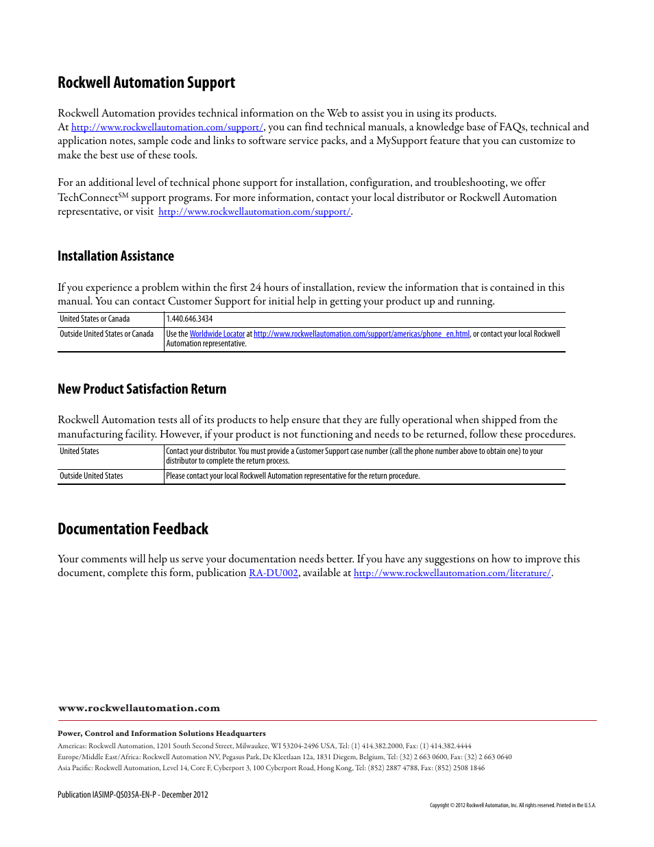 Back cover, Rockwell automation support, Documentation feedback | Installation assistance, New product satisfaction return | Rockwell Automation Logix5000 Control Systems: Connect Kinetix 5500 Drives on EtherNet/IP Network Quick Start User Manual | Page 48 / 48