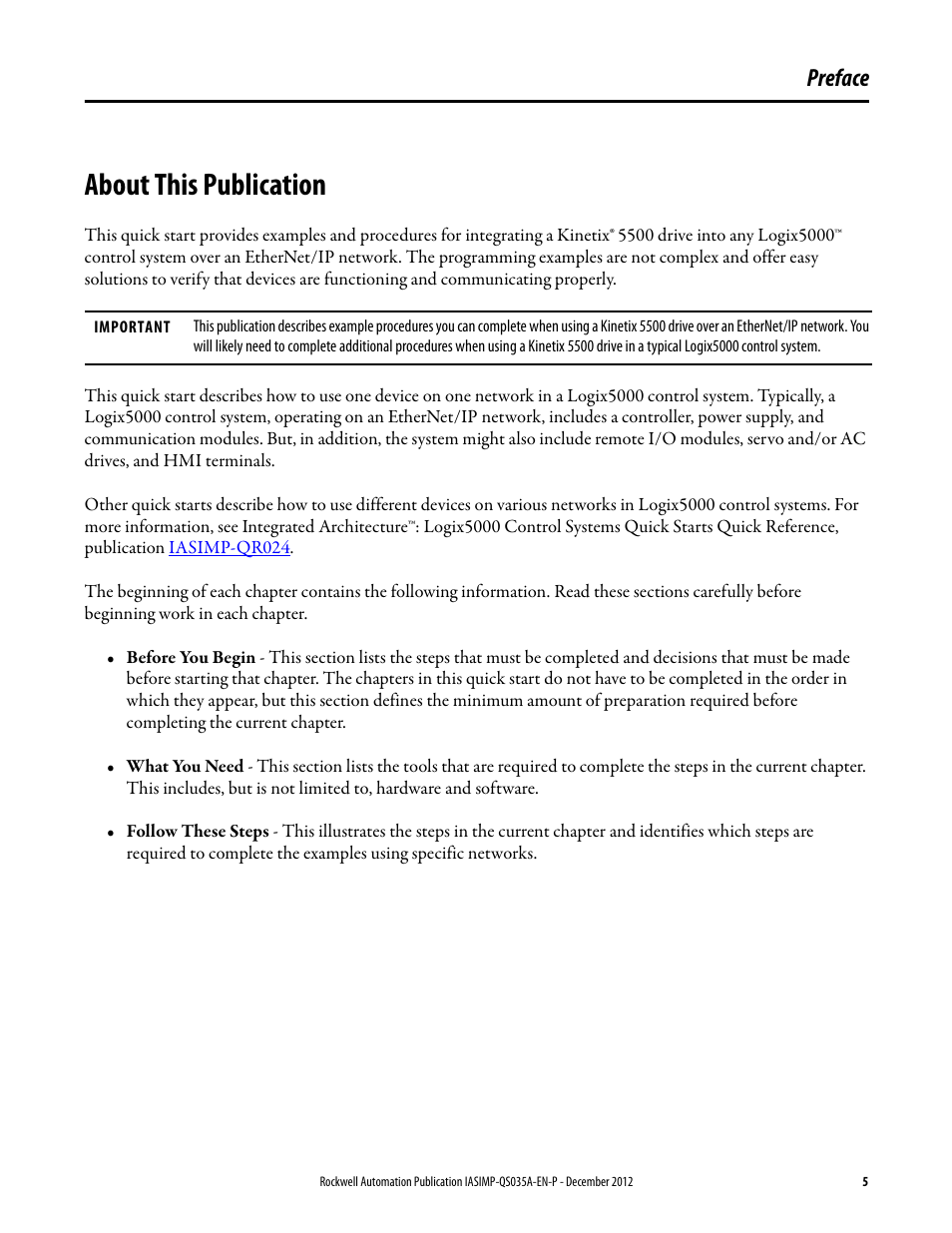 Preface, About this publication | Rockwell Automation Logix5000 Control Systems: Connect Kinetix 5500 Drives on EtherNet/IP Network Quick Start User Manual | Page 5 / 48