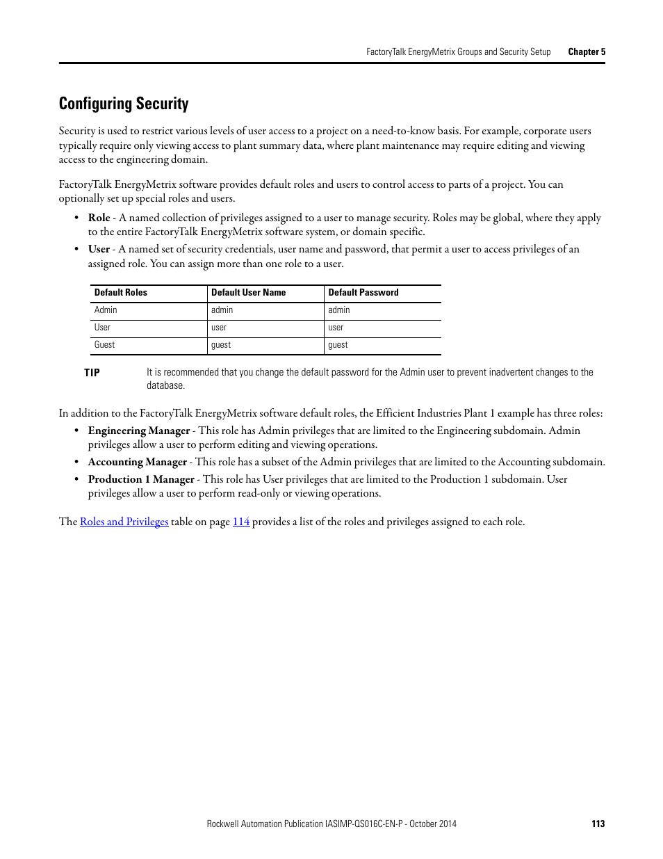 Configuring security | Rockwell Automation Energy Management Accelerator Toolkit Quick Start User Manual | Page 113 / 452