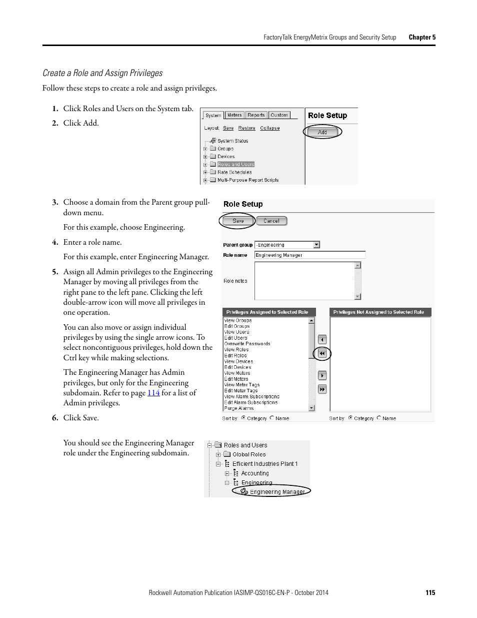 Create a role and assign, Privileges | Rockwell Automation Energy Management Accelerator Toolkit Quick Start User Manual | Page 115 / 452