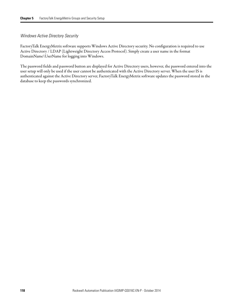 Windows active directory, Security | Rockwell Automation Energy Management Accelerator Toolkit Quick Start User Manual | Page 118 / 452