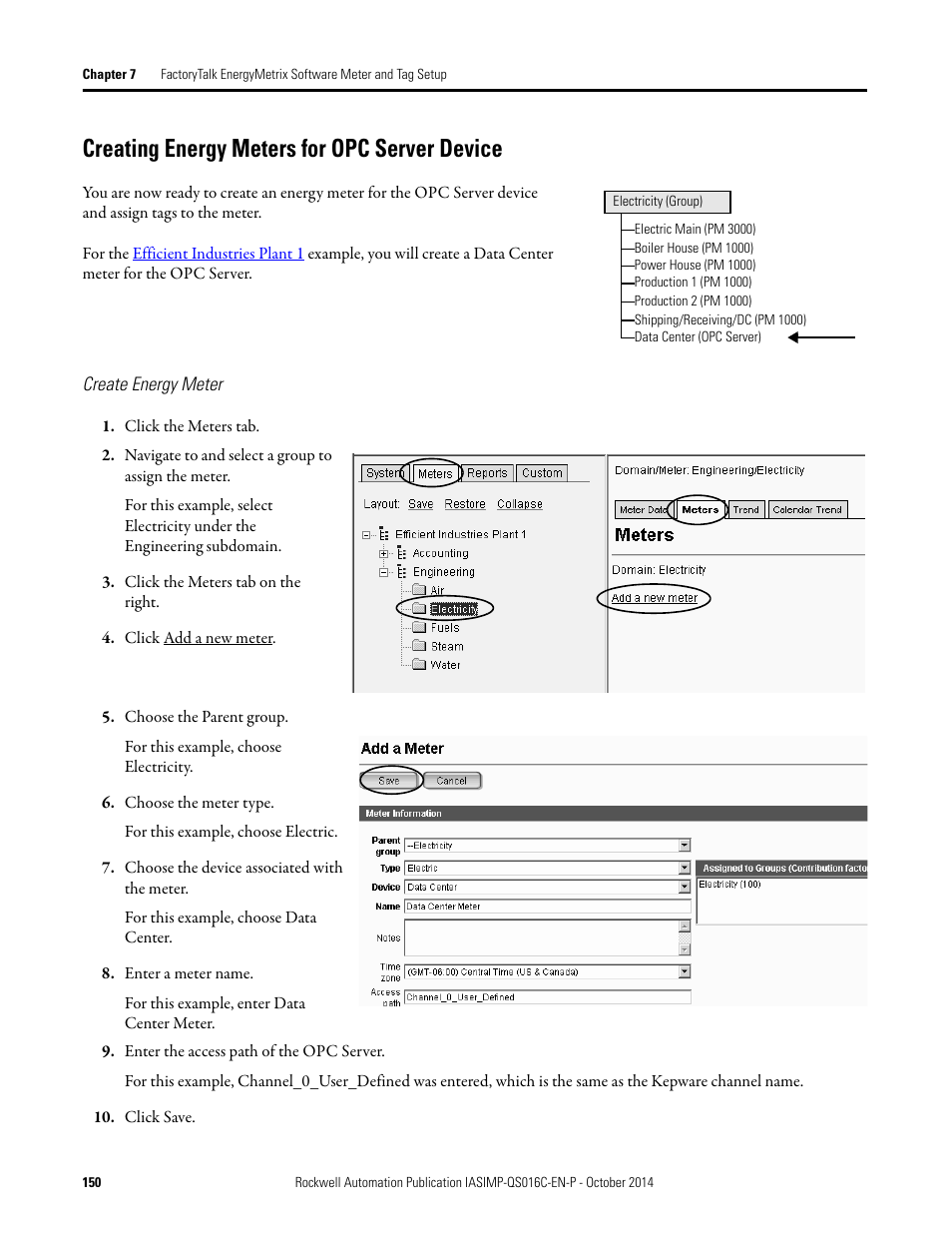 Creating energy meters for opc server device, Create energy meter, Creating energy meters for opc | Server device | Rockwell Automation Energy Management Accelerator Toolkit Quick Start User Manual | Page 150 / 452