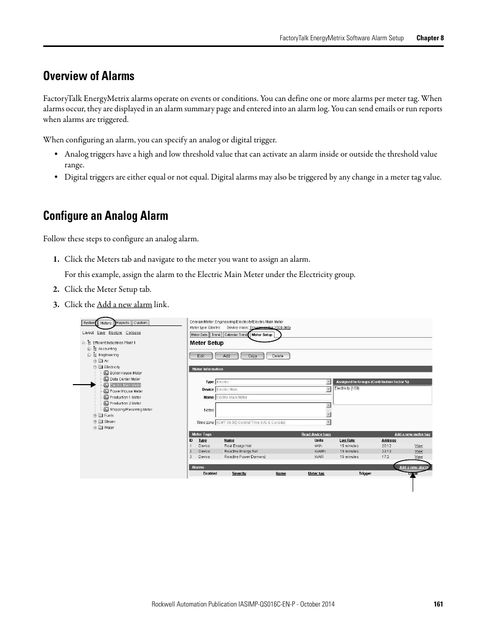 Overview of alarms, Configure an analog alarm, Overview of alarms configure an analog alarm | Rockwell Automation Energy Management Accelerator Toolkit Quick Start User Manual | Page 161 / 452