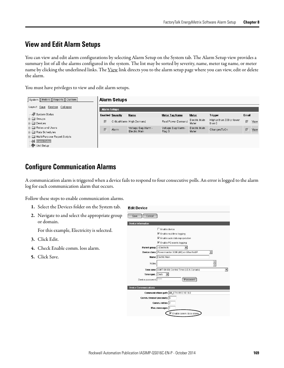 View and edit alarm setups, Configure communication alarms, Configure communication | Alarms | Rockwell Automation Energy Management Accelerator Toolkit Quick Start User Manual | Page 169 / 452